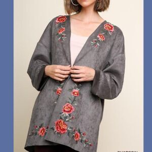 New UMGEE M gray embroidered roses open style sueded texture open tunic jacket